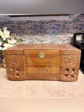 Antique Asian camphor wood hand carved jewelry chest